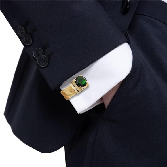 Mens Cufflinks with Chain - Stone and Shiny Gold Tone Shirt Accessories - Picture 4 of 7